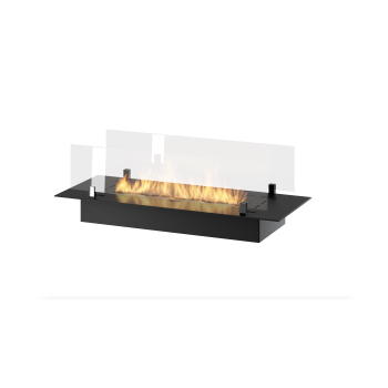 Bioethanol insert burner in black stainless steel 80cm with protective glass for built-in or free-standing installation.
