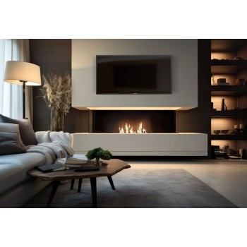 Bioethanol insert burner in black stainless steel 80cm with protective glass for built-in or free-standing installation.