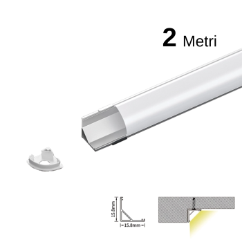 Kit profilo angolare in Alluminio per LED da 2m, 2000×15.8×15.8mm