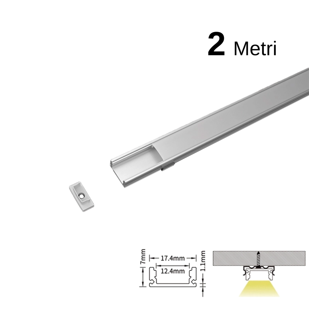 2m flat aluminum profile kit for LED strips L2000x17.4x7mm