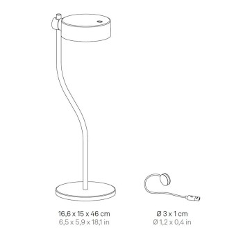 Dimensions of Zafferano SUPER O Rechargeable and dimmable LED table lamp