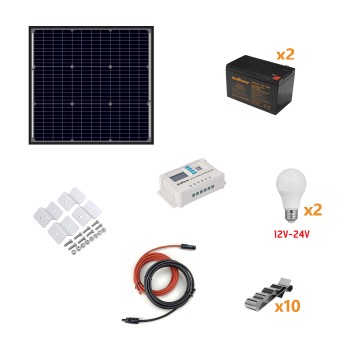 50W Photovoltaic Island Kit - Kit with solar panel, charge controller, bulbs and installation accessories