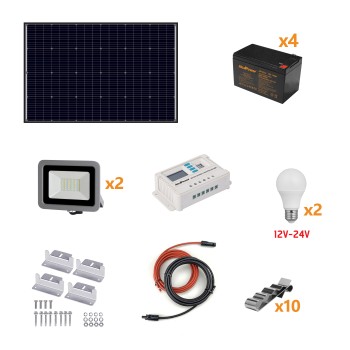 Photovoltaic Island Kit 160W - Kit with solar panel, charge controller, projector, and installation accessories