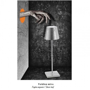 Led table lamp Poldina Pro silver leaf rechargeable and dimmable with battery up to 9 hours. IP54 outdoor.