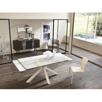 Modern extendable table up to 240cm white marble color, ceramic top. Two extensions, high quality. Stones OM/313/MB