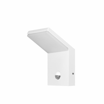 Modern white 9w outdoor LED wall light, with presence sensor. Ideal for illuminating sidewalks, canopies, garages.