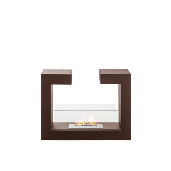 Portable brown floor bio-fireplace, modern and versatile design with an autonomy of up to 3 hours. Furnishing accessory.
