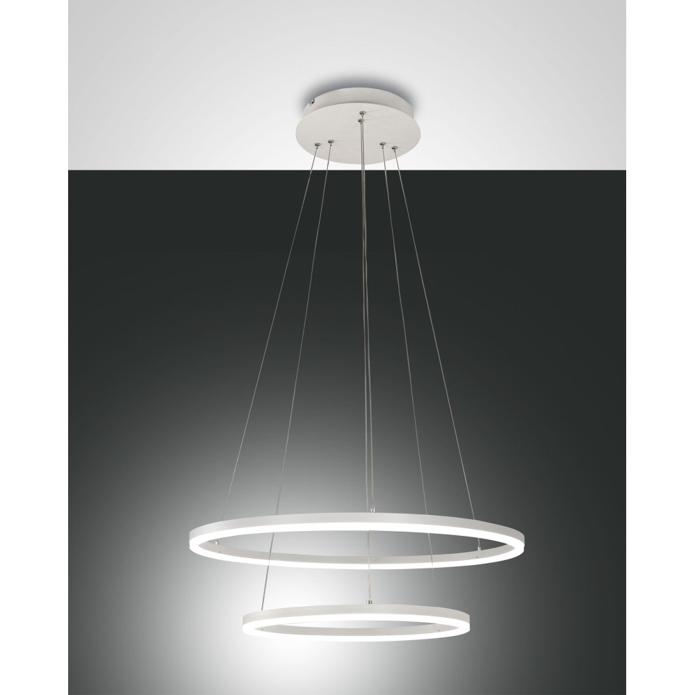 Giotto led chandelier 52watt white 3508-45-102 Fabas. Suspension lamp in white metal and methacrylate diffuser.