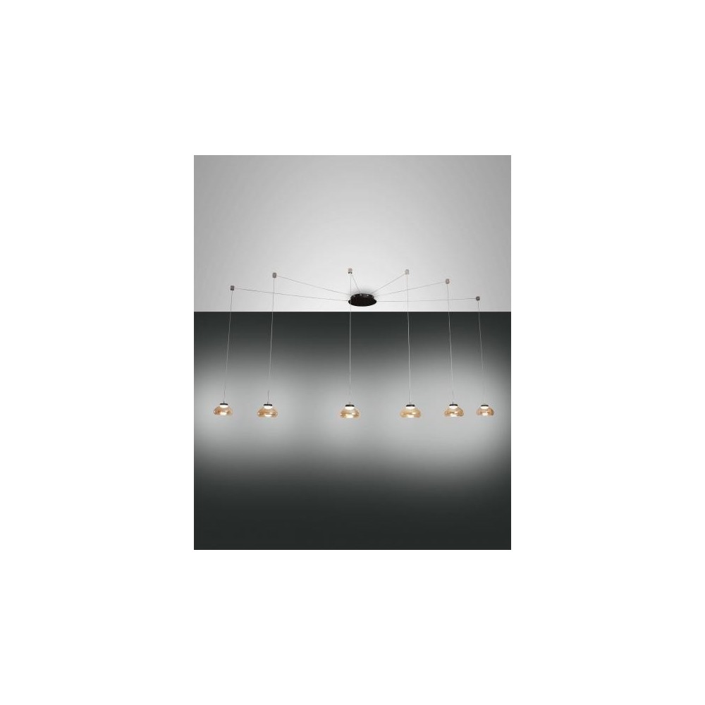 Lampadario a sospensione a Led in metallo e vetro soffiato Arabella 3547-46-125, colore ambra ,48W.Fabas Luce