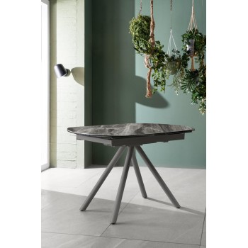 Kyoto modern extendable table up to 180cm gray marble color top in ceramic on glass with two extensions. Stones OM / 324 / MG