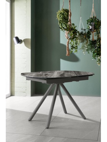 Kyoto modern extendable table up to 180cm gray marble color top in ceramic on glass with two extensions. Stones OM / 324 / MG