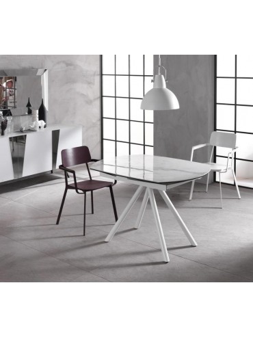 Kyoto modern extendable table up to 180cm white marble color top in ceramic on glass with two extensions. Stones OM / 324 / MB