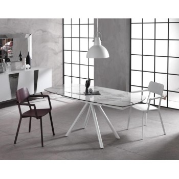 Kyoto modern extendable table up to 180cm white marble color top in ceramic on glass with two extensions. Stones OM / 324 / MB