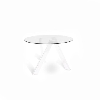 Tavolo Fisso Rondò in vetro temperato trasparente rotondo. OM/221/BI. Gambe in metallo bianco. Tavolo per salotti od uffici.