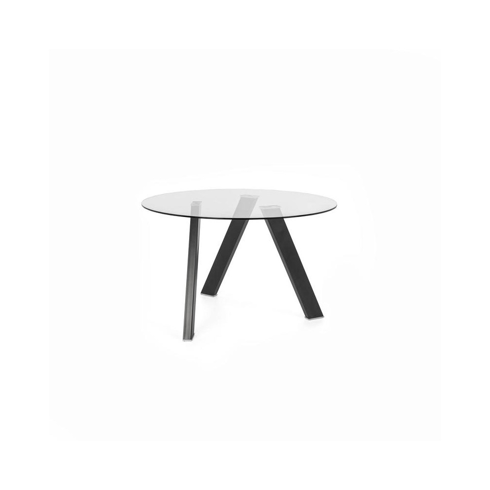 Fixed Rondò table in round transparent tempered glass.OM/221/GR.Legs in anthracite metal.