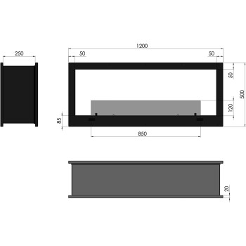 Bioethanol built-in design fireplace Double-sided matt black with protective glass 2 Side 1200