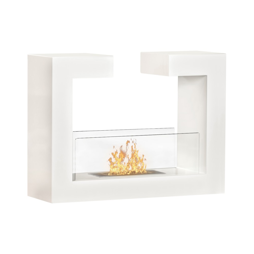 Bioethanol Fireplace In White Metal Floor Design 1.5lt Burner With Protective Glass