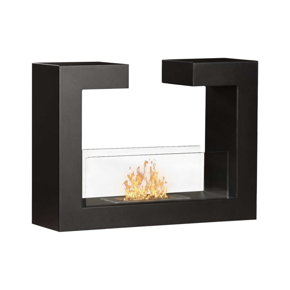 Bioethanol Fireplace In Matt Black Metal Floor Design 1.5lt Burner With Protective Glass